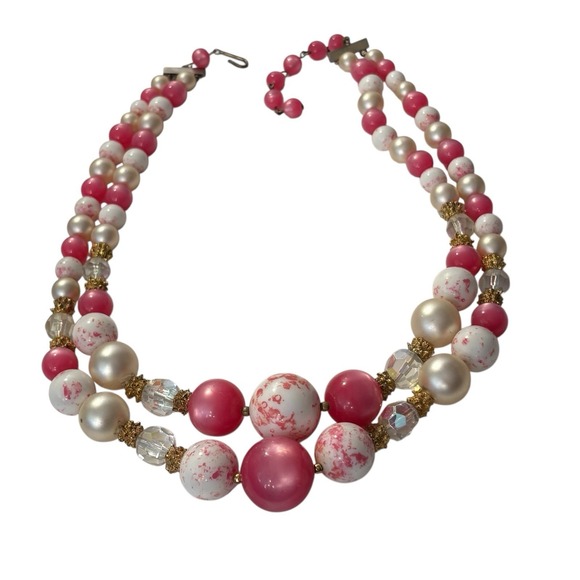 Vintage‎ Pink Double Strand Necklace Cat's Eye Faux Pearl Chunky Beads Marbled - Picture 9 of 16